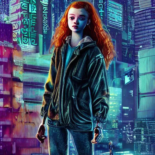 Image similar to sadie sink in cyberpunk style digital art very detailed 4 k detailed super realistic