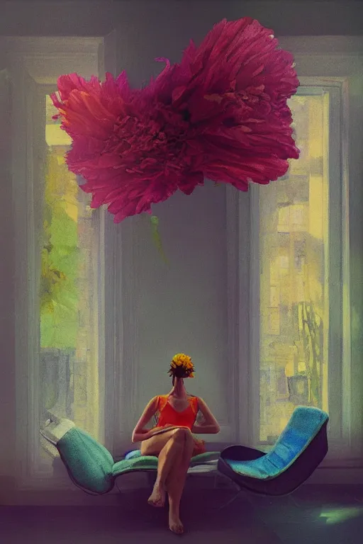 Prompt: closeup, huge flower head, woman sitting on lounge chair by a tall window, surreal photography, studio light, impressionist painting, digital painting, artstation, simon stalenhag