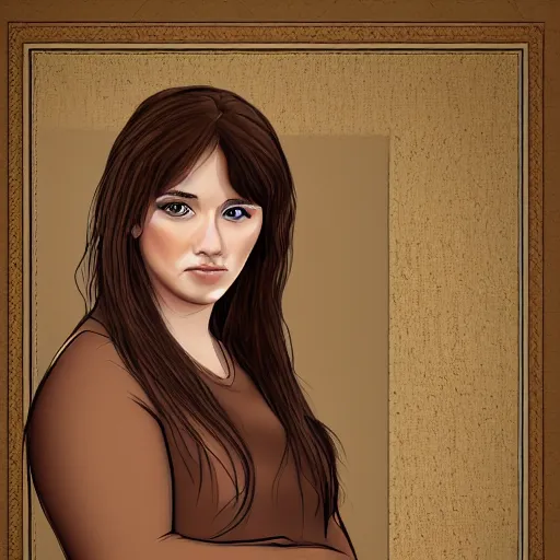 Image similar to 3 0 years old woman : : dark straight hair : : slightly overweight : : brown medieval cloting, natural materials : : high detail, digital art, illustration, realistic