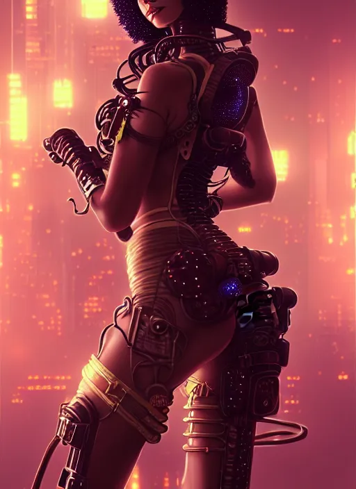 Image similar to soft lustrous ebony geisha seductive raver steampunk space cowgirl cyborg, golden ratio, details, scifi, fantasy, cyberpunk city, intricate, decadent, highly detailed, octane render, digital painting, artstation, concept art, sharp focus, illustration, art by artgerm, loish, wlop