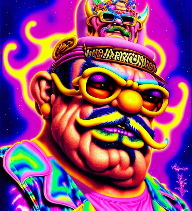 Prompt: lisa frank pattern fantasy character portrait of wario from mario brothers, ultra realistic, wide angle, intricate details, blade runner artifacts, highly detailed by peter mohrbacher, wayne barlowe, boris vallejo, hajime sorayama aaron horkey, gaston bussiere, craig mullins