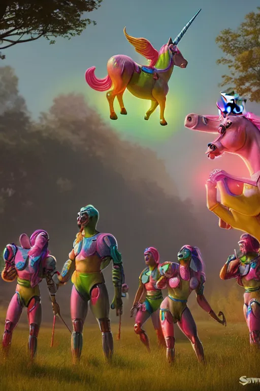 Prompt: Defeated cyborg unicorn cheering humans, summer day, ultra hd, Painting By Simon Stalenhag, unreal 5, DAZ, hyperrealistic, octane render, dynamic lighting, intricate detail, summer vibrancy, cinematic