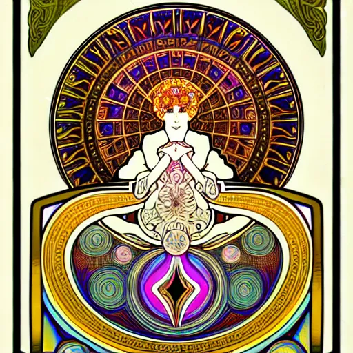 Image similar to psychedelic sacred geometry, intricate, sophisticated, ultra realistic, incredibly detailed, diagram, illustration, trending on artstation, art by alphonse mucha