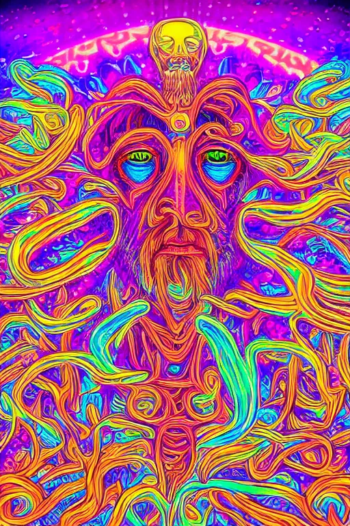 Image similar to a detailed digital neon illustration art of the man from burning man in the style of Alex Grey, lisa frank, psychedelic, fantasy, 8k, ornate, intricate, symmetry