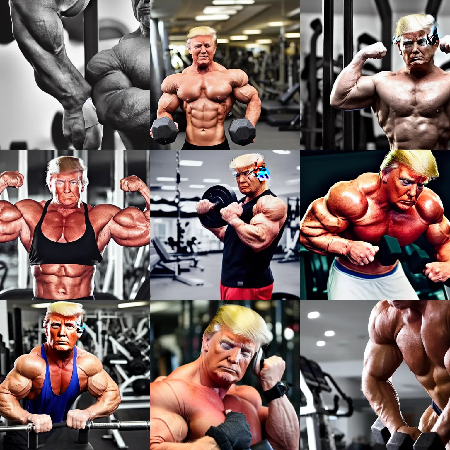 Prompt: portrait photo of bodybuilder donald trump working out at the gym, ripped, huge muscles, high definition, realistic, highly detailed