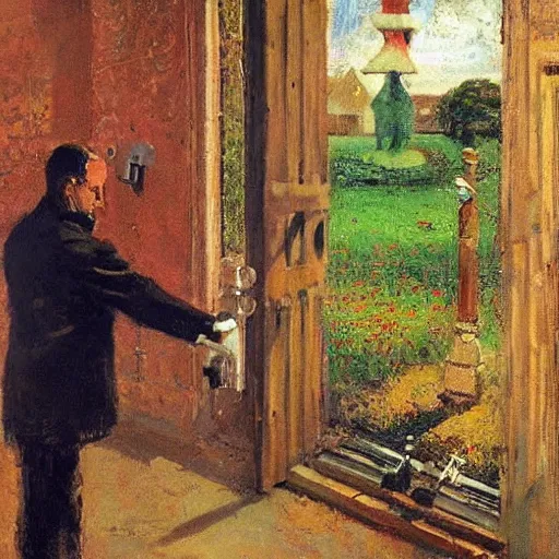 Prompt: A conceptual art. A rip in spacetime. Did this device in his hand open a portal to another dimension or reality?! by David Driskell, by Frits Thaulow perspective