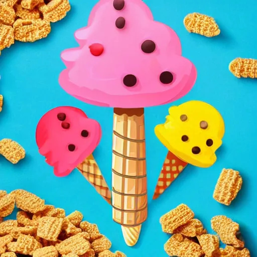 Image similar to the front of a kids cereal box for 'ice cream' cereal, featuring a levitating ice cream cone filled with pieces of cereal that resemble little ice cream cones