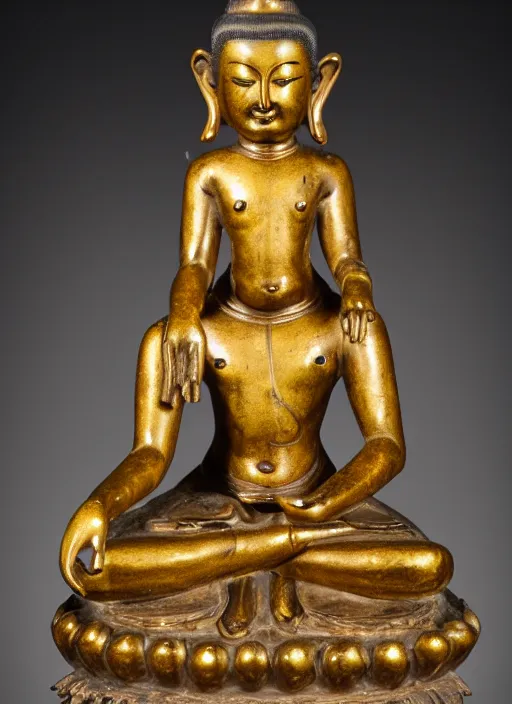 Image similar to photo of a magnificent gilt-bronze seated figure of bodhisattva, body of a man head of an asian black bear, lots of fur detail, realistic bears head, studio lighting