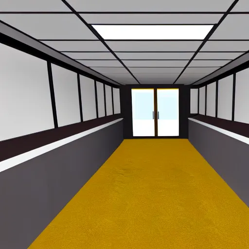 Prompt: empty 9 0 s office building with no windows doors or furniture in garry's mod, the building has brown carpet and yellow wallpaper