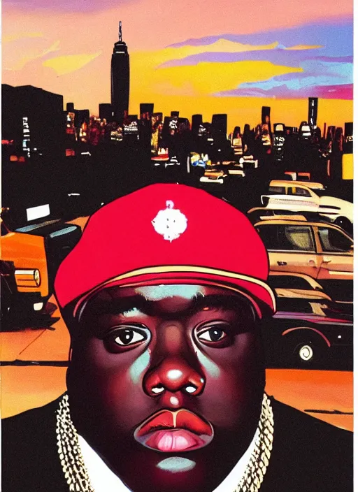 Image similar to The Notorious B.I.G. Biggie Smalls, sunset New York background