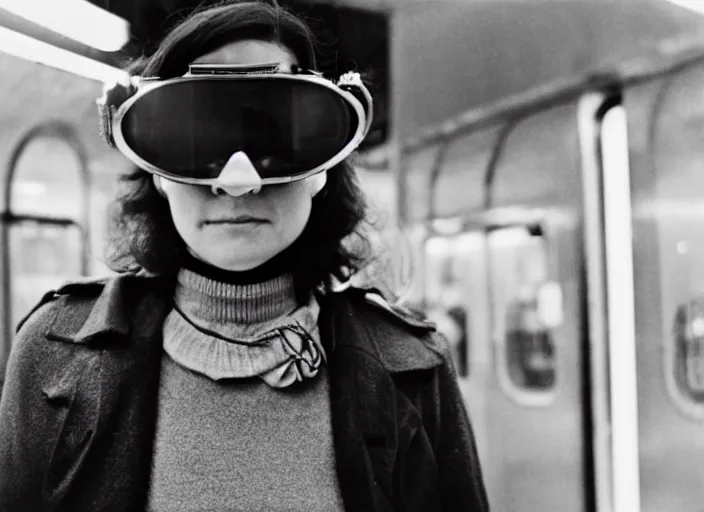 Prompt: close - up portrait of a beautiful woman wearing a choker and welding goggles, in a subway, richard avedon, tri - x pan