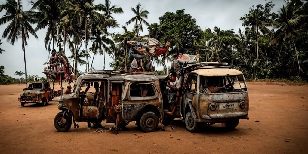 Image similar to sri lankan mad max style, tuk tuk, film still, epic shot cinematography, rule of thirds