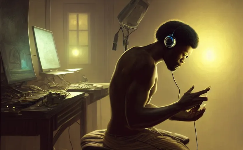 Image similar to light skin black man with headphones at his home studio producing music late at night, very detailed, 4 k, concept art like ernest khalimov, intricate details, highly detailed by greg rutkowski, ilya kuvshinov, gaston bussiere, craig mullins, simon bisley