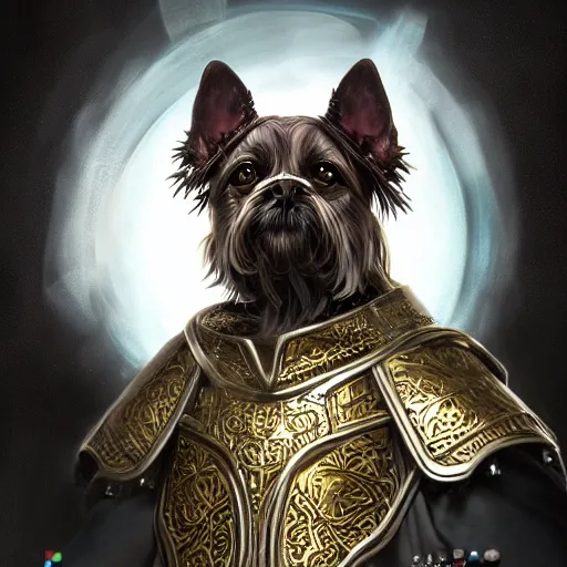 Prompt: a portrait of dog magician in glass armor releasing spell, full height, moving forward, concept art, trending on artstation, highly detailed, intricate, sharp focus, digital art, 8 k