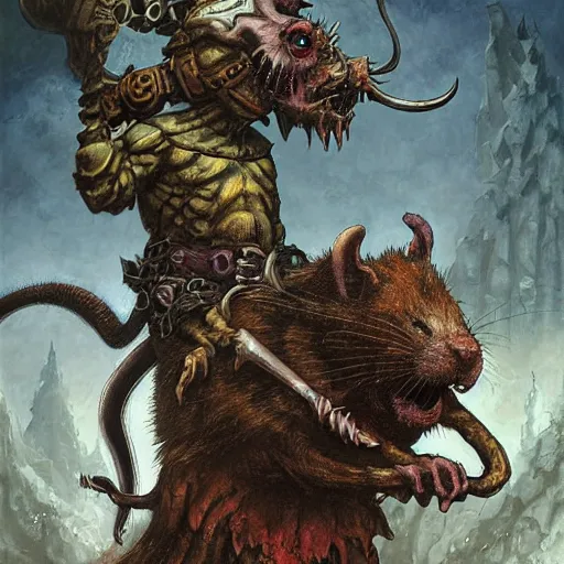 Image similar to a necromancer riding a rat, doom, horror scenery, by Keith Thompson