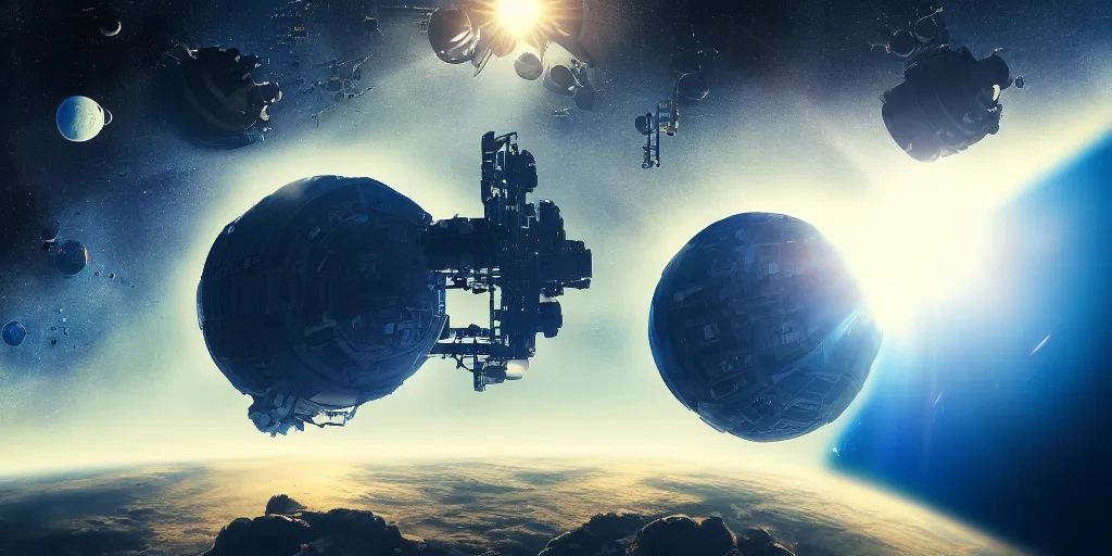 Image similar to giant space station above blue planet digital art by denis villeneuve. highly detailed 8 k. intricate. lifelike. soft light. nikon d 8 5 0.