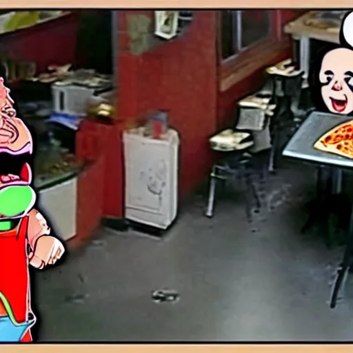 Image similar to security camera footage of chucky doll screaming at customers eating pizza