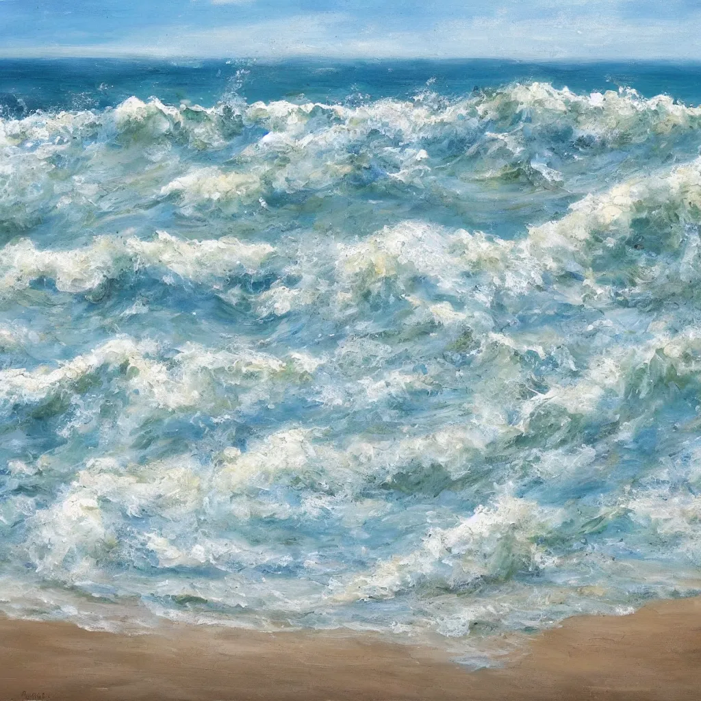 Image similar to beach scene with large waves crashing down, the water and waves and sea foam painted in very thick impasto