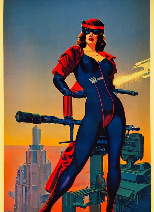 Prompt: american propaganda poster. cyberpunk assassin lady. portrait by jean giraud and anton otto fischer and john philip falter and will eisner and gil elvgren