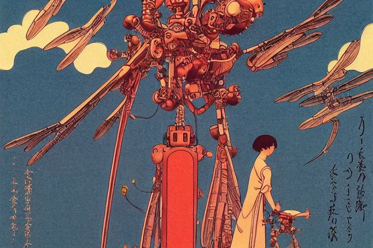 Image similar to gigantic dragonflies with human faces catch tiny robots, a lot of exotic mechas robots around, human heads everywhere, risograph by kawase hasui, edward hopper, satoshi kon and moebius, colorful flat surreal design, super - detailed, a lot of tiny details, fullshot