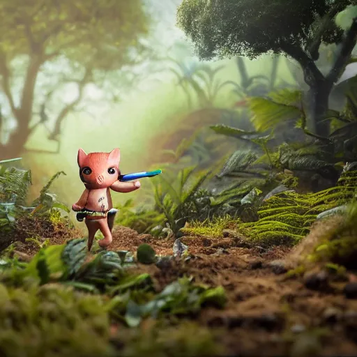 Prompt: a wide angle action portrait of a chibbi african hunter running through the jungle on a foggy day, by goro fujita, mark ryden and lisa frank, felt texture, volumetric wool felting, radiant light, amigurumi animals flying around, macro photography, miniature world