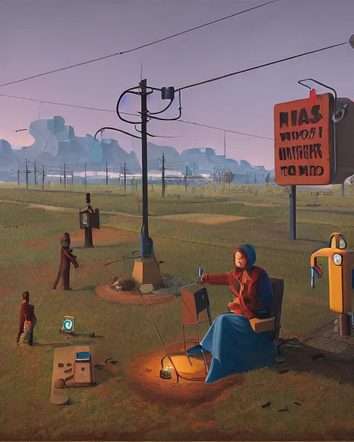 Image similar to the digital workers being robbed of their time and money by corporate overlords by Simon Stålenhag and Grant Wood, oil on canvas