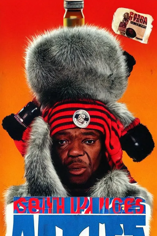 Image similar to poster the movie 1 9 8 8 ussr don't be a menace to south central while drinking your juice in the hood, perfect symmetrical eye, gray fur hat soviet soviet russian winter fur cap with earflaps ushanka, bottle of vodka, bears, kremlin babushka communist criminal