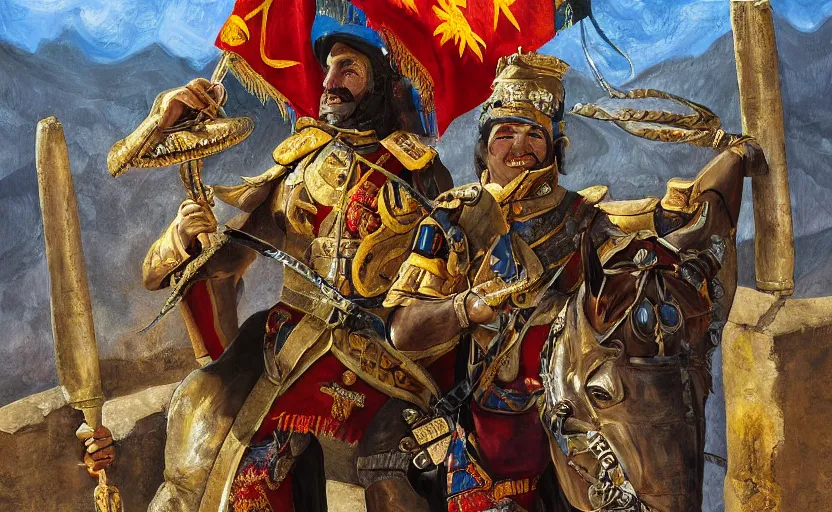 Image similar to smiling spanish conquer soldier holding golden cup on a inca temple, highly detailed, digital painting