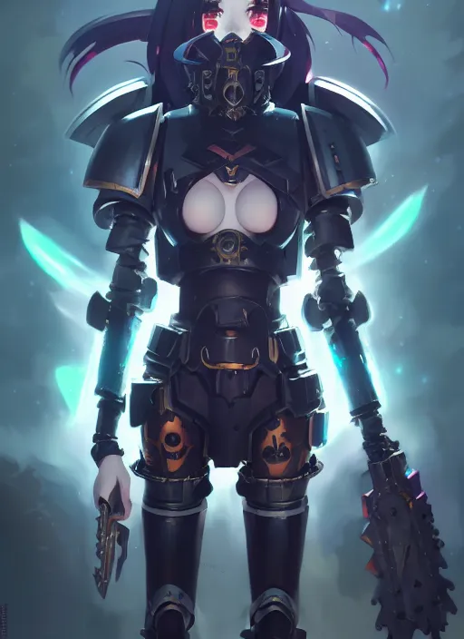 Image similar to portrait of cute goth girl in cyber armor, warhammer 4 0 0 0 0, illustration concept art anime key visual trending pixiv fanbox by wlop and greg rutkowski and makoto shinkai and studio ghibli