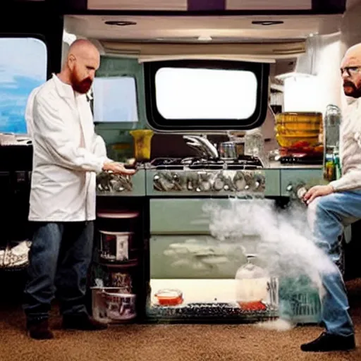 Image similar to walter white and jessie pinkman cooking meth in their rv,