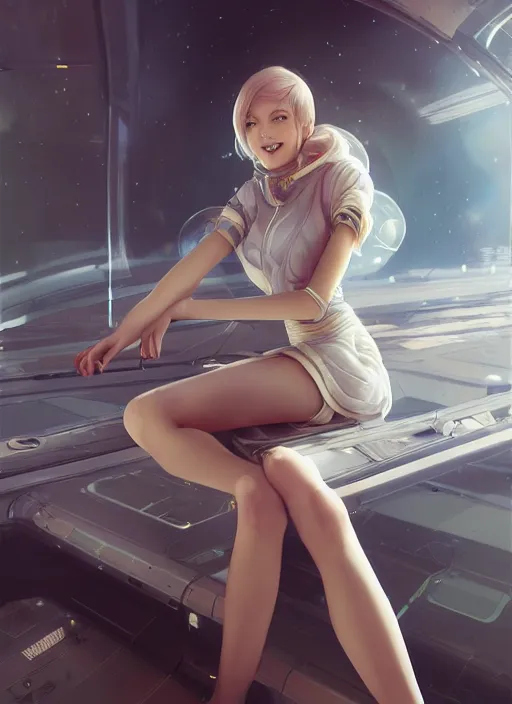 Prompt: woman sitting on a spaceship window, beautiful detailed dress, detailed face, detailed torso, smiling, detailed body, by artgerm, by wlop, anime style, octane render