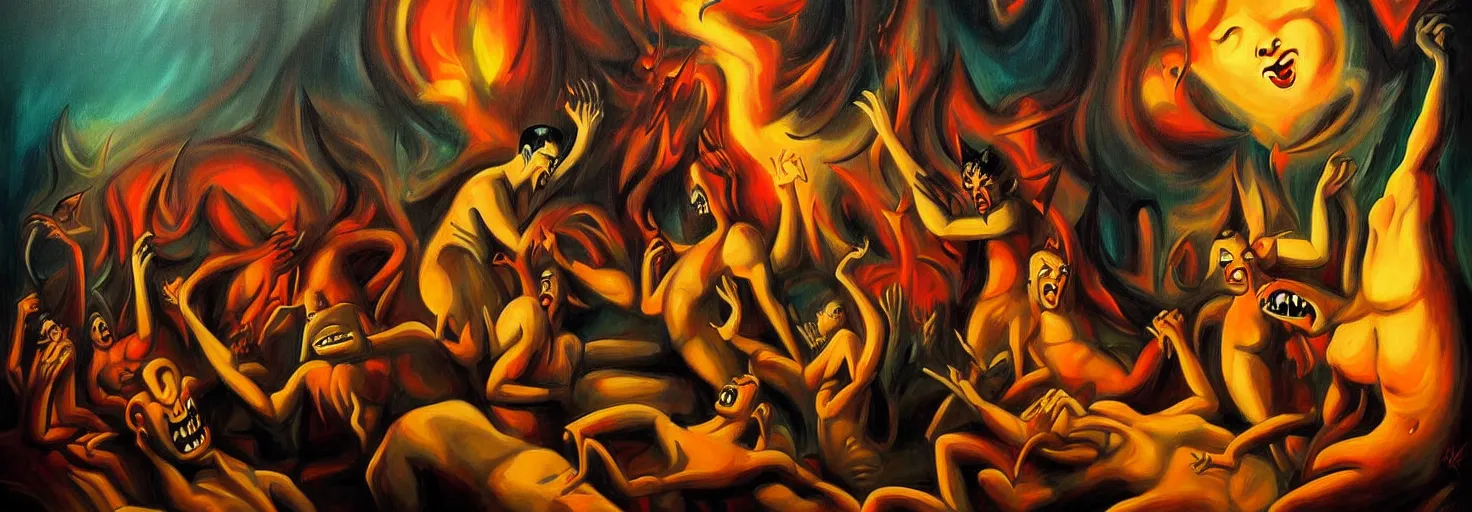 Prompt: hell demons, dramatic lighting, 1 9 3 0 s fleischer cartoon characters, wild emotional expressions - surreal painting by ronny khalil