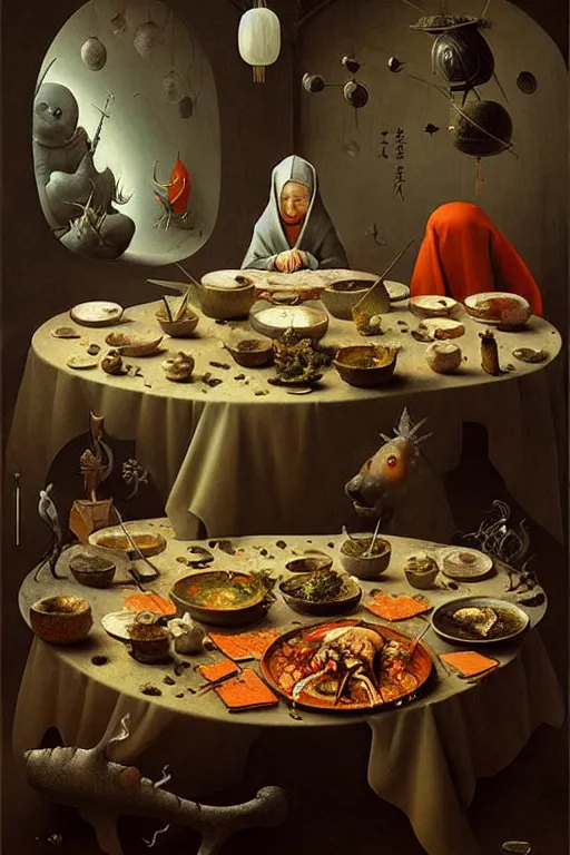 Image similar to hieronymus bosch, greg rutkowski, anna podedworna, painting of a succulent chinese meal