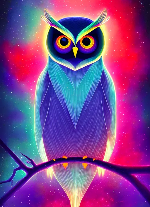 Image similar to symmetry!! product render poster vivid colors divine proportion owl, starry sky, glowing fog intricate, elegant, highly detailed, digital painting, artstation, concept art, smooth, sharp focus, illustration,