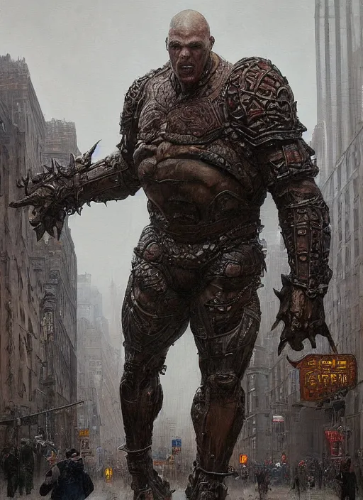 Image similar to full body portrait of martyn ford as huge towering bipedal horror demon with bulbous torso wearing armour walks down city street, people flee, painted by ruan jia, raymond swanland, lawrence alma tadema, zdzislaw beksinski, norman rockwell, jack kirby, tom lovell, alex malveda, greg staples