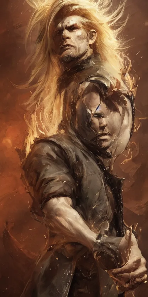 Prompt: portrait of a muscular, grim, ponytail haired blonde man in his late 30's, wearing a thick brown leather coat, looking to his side, half of the face scarred, hunter, DnD character, fantasy character, digital art by Ruan Jia, Krenz Cushart, Rossdraws and Boris Vallejo