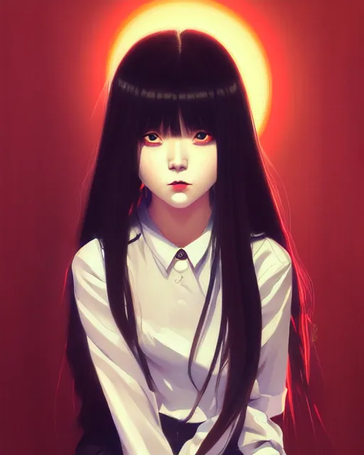 Image similar to a comic portrait of a japanese horror girl, fine - face, realistic shaded perfect face, fine details. night setting. very anime style. realistic shaded lighting poster by ilya kuvshinov katsuhiro, magali villeneuve, artgerm, jeremy lipkin and michael garmash, rob rey and kentaro miura style, trending on art station