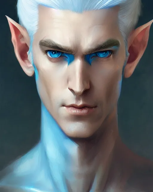 Prompt: character portrait of a slender young half elven man with white hair, piercing bright blue eyes, and pale blue skin, by greg rutkowski, mark brookes, jim burns, tom bagshaw, trending on artstation