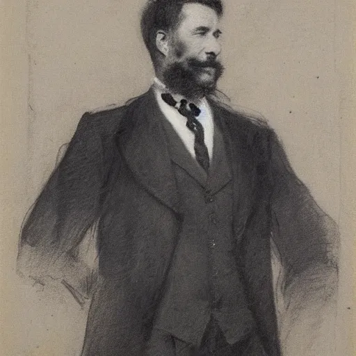 Image similar to portrait of an action hero, suit, tie, smile, by alfred stevens in charcoal