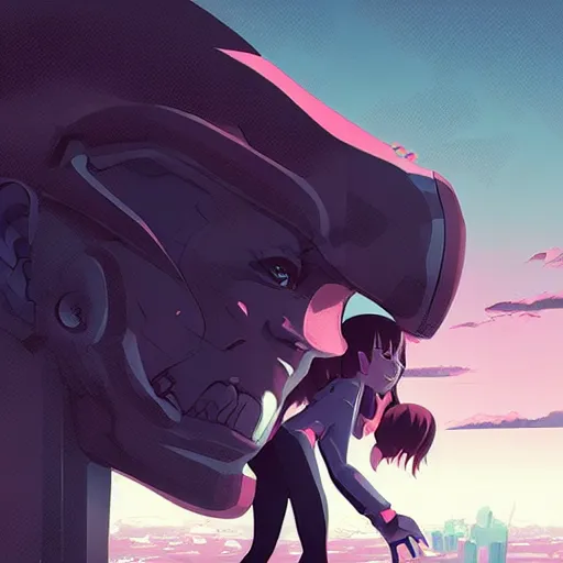 Image similar to a menacing android monster looming over a cowering female, clean cel shaded vector art. shutterstock. behance hd by lois van baarle, artgerm, helen huang, by makoto shinkai and ilya kuvshinov, rossdraws, illustration,