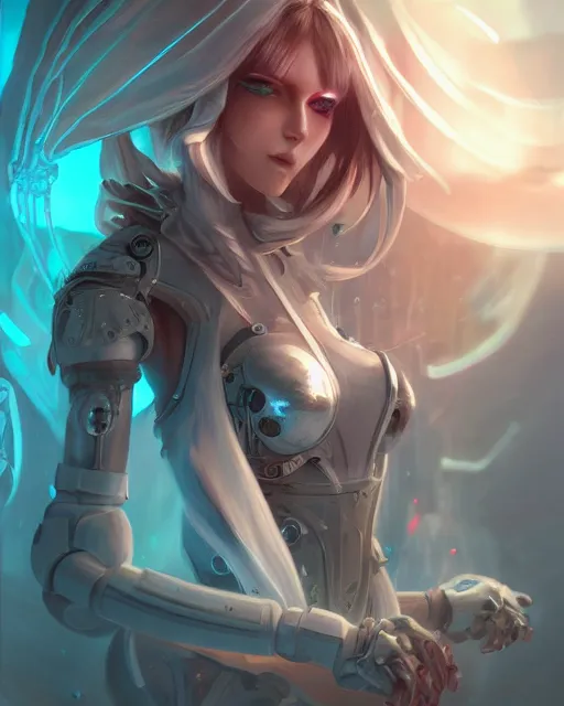 Image similar to holy cyborg necromancer girl, elegant, scifi, futuristic, utopia, garden, illustration, atmosphere, top lighting, blue eyes, white hair, focused, artstation, highly detailed, art by yuhong ding and chengwei pan and serafleur and ina wong