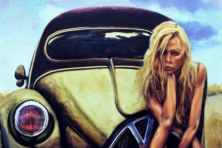 Prompt: beautiful e charlize theron with long blonde hair locks holds over its head on its two hands old volkswagen beetle, oil on canvas, naturalism