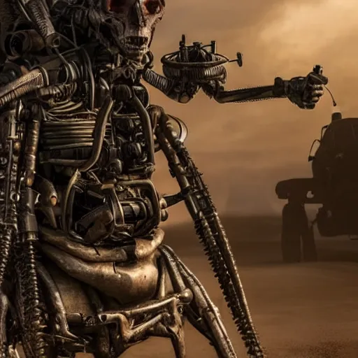 Image similar to ant humanoid mechanic, post-apocalyptic, mad max style, top cinematic lighting , cinematic mood, very detailed,