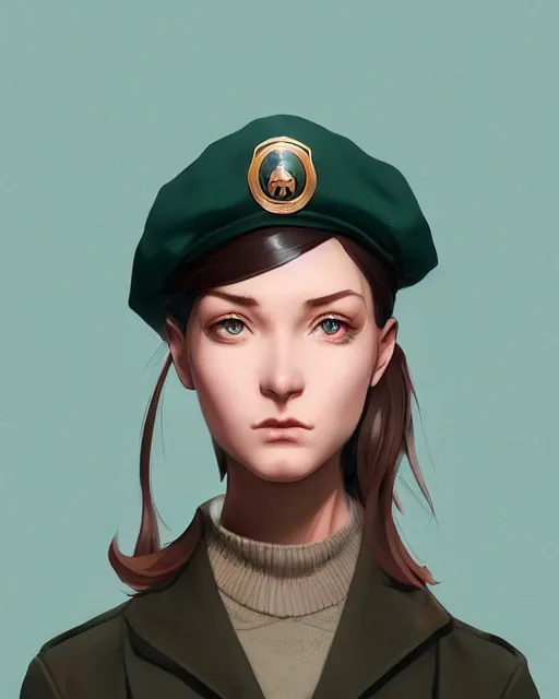 Prompt: symmetrical portrait bust of young woman with shoulder length light brown hair and hazel eyes dressed in a sharp dark teal military uniform and beret, anime, ilya kuvshinov, greg rutkowski, guweiz, ross tran, loish, svetlana tigai, artgerm, artstation trending, concept art, digital painting