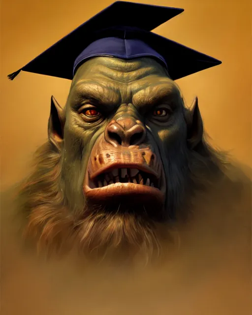 Image similar to medium - shot oil portrait of an orc in a graduation hat, artstation, highly detailed digital painting, smooth, global illumination, fantasy art by greg rutkowsky, karl spitzweg, leyendecker