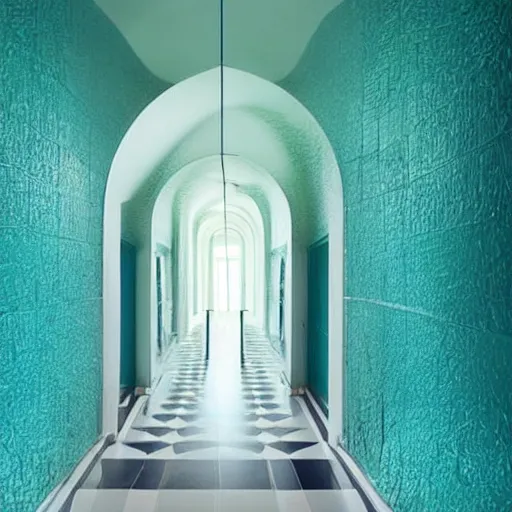 Prompt: a room flooded with blue green water, curved hallway, white ceramic tiles, dark, surreal, liminal,