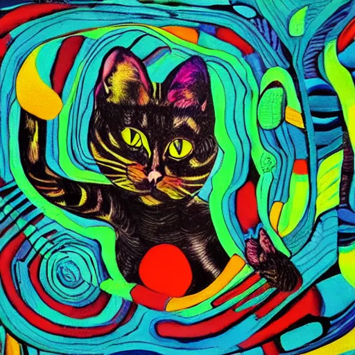 Prompt: portrait of a cat tripping on LSD