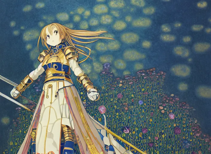 Prompt: female knight guarding a castle, Kyoto animation,last exile, blue submarine no. 6, gustav klimt,loish, murata range, kawaii, yoshitaka amano, studio lighting, manga, bright colors, beautiful,35mm lens, vibrant high contrast, mucha, gradation, jean giraud, fantasy, rule of thirds, fibonacci, intricate, makoto shinkai