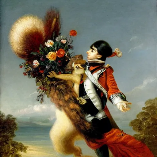 Image similar to a giant fluffy squirrel carrying napoleon bonaparte on its back, beach scene with flowers and foliage, detailed oil painting