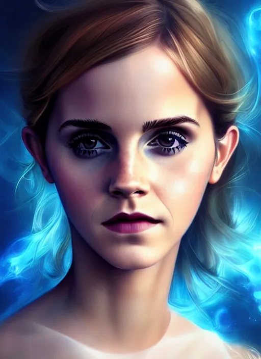 Prompt: portrait of emma watson, fractal blue dress, digital art by artgerm and karol bak, cinematic lighting, trending on artstation, intricate, elegant